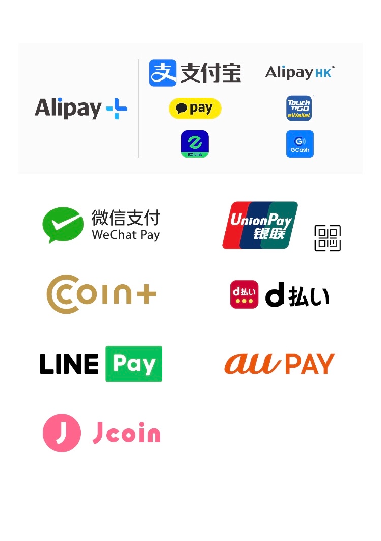 Alipay, WeChat Pay, UnionPay, coin+, d払い, LINE Pay, au PAY, Jcoin